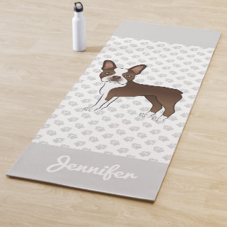 Chocolate Brown Boston Terrier Cartoon Dog &amp; Text Yoga Mat
