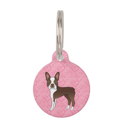 Chocolate Brown Boston Terrier Dog On Pink Hearts Pet ID Tag
