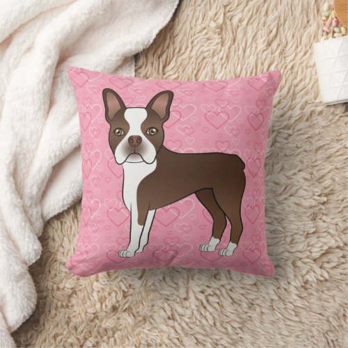 Chocolate Brown Boston Terrier Dog On Pink Hearts Throw Pillow