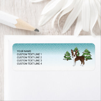 Chocolate Brown Boston Terrier In A Winter Forest Label