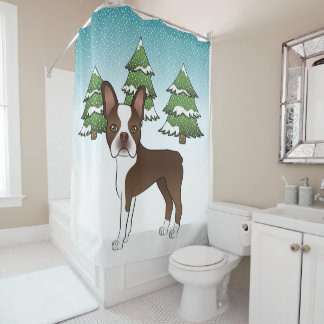 Chocolate Brown Boston Terrier In A Winter Forest Shower Curtain