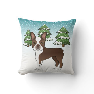 Chocolate Brown Boston Terrier In A Winter Forest Throw Pillow