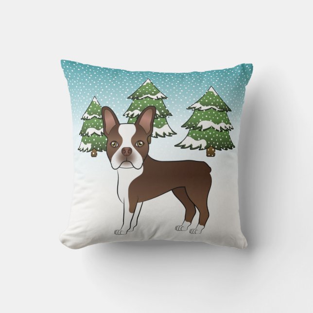 Chocolate Brown Boston Terrier In A Winter Forest Throw Pillow (Front)