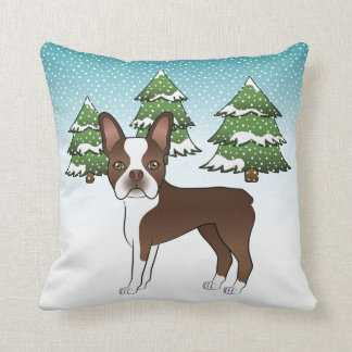 Chocolate Brown Boston Terrier In A Winter Forest Throw Pillow