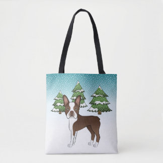 Chocolate Brown Boston Terrier In A Winter Forest Tote Bag