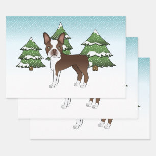Chocolate Brown Boston Terrier In A Winter Forest Wrapping Paper Sheets