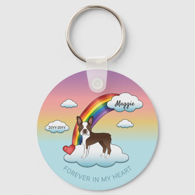 Chocolate Brown Boston Terrier Rainbow Memorial Keychain (Front)