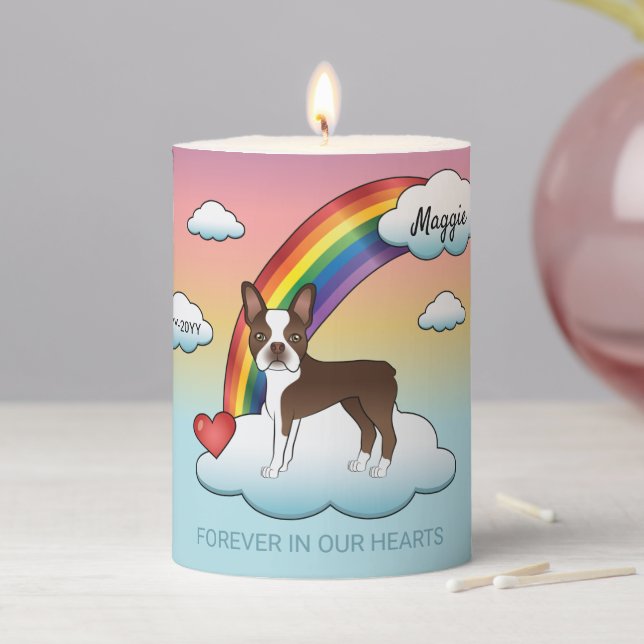 Chocolate Brown Boston Terrier Rainbow Memorial Pillar Candle (In Situ)