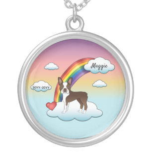 Chocolate Brown Boston Terrier Rainbow Memorial Silver Plated Necklace