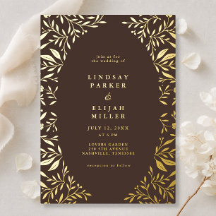 Chocolate Brown  Botanical Luxury Wedding  Foil Invitation
