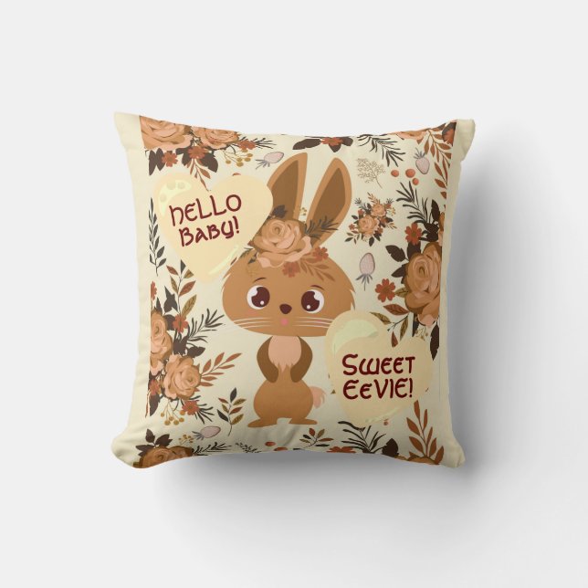 Chocolate Brown Bunny Floral with Strawberries Throw Pillow (Front)