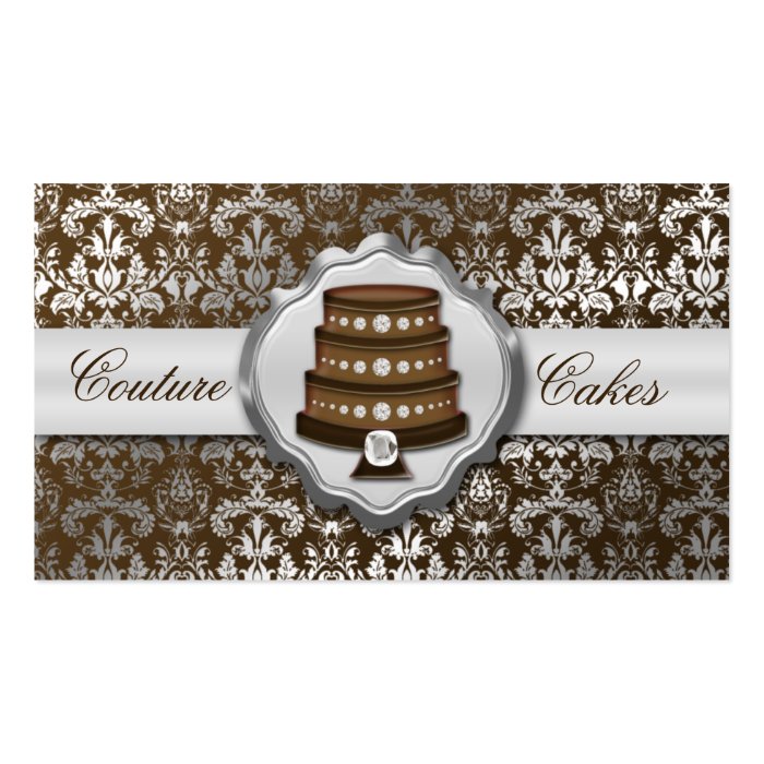 Chocolate Brown Cake Couture Glitzy Damask Bakery Business Card Template