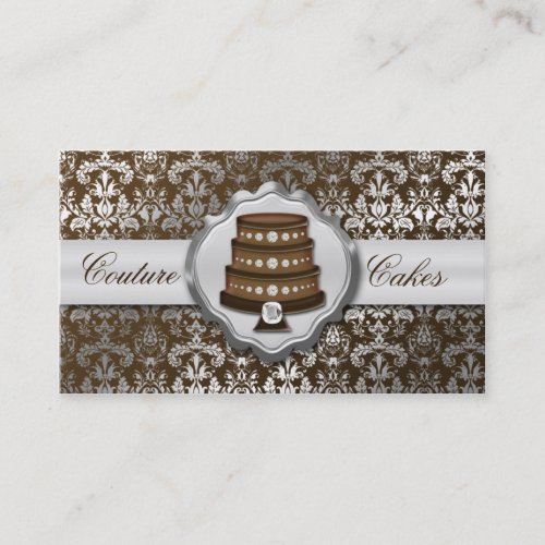 Chocolate Brown Cake Couture Glitzy Damask Bakery Business Card Template