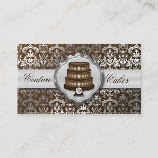 Customizable Chocolate Brown Cake Couture Glitzy Damask Bakery Business Card Template