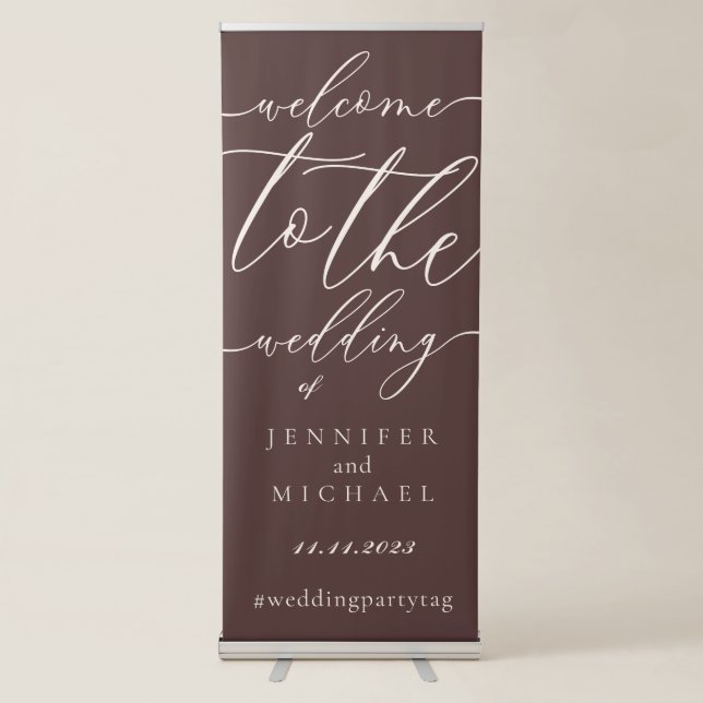 Chocolate Brown Calligraphy Welcome wedding Retractable Banner (Front)