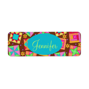Chocolate Brown Colorful Quilt Patchwork Block Art Label