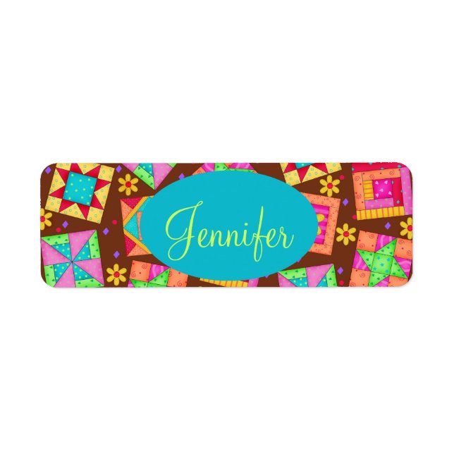 Chocolate Brown Colorful Quilt Patchwork Block Art Label (Front)