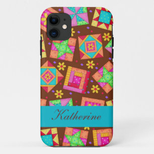 Chocolate Brown Colorful Quilt Patchwork Blocks iPhone 11 Case