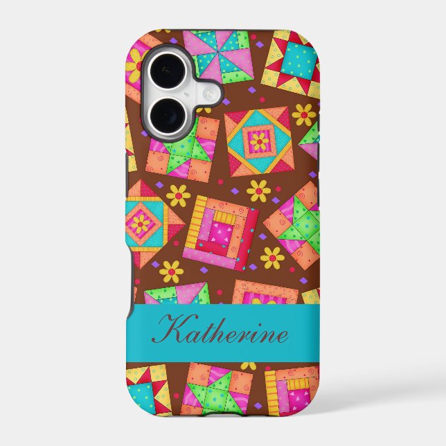 Chocolate Brown Colorful Quilt Patchwork Blocks Iphone Case (Back)