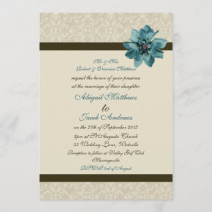 Chocolate Brown Cream And Teal Blue Flower Wedding Invitation