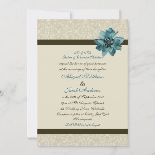 Chocolate Brown Cream And Teal Blue Flower Wedding Invitations