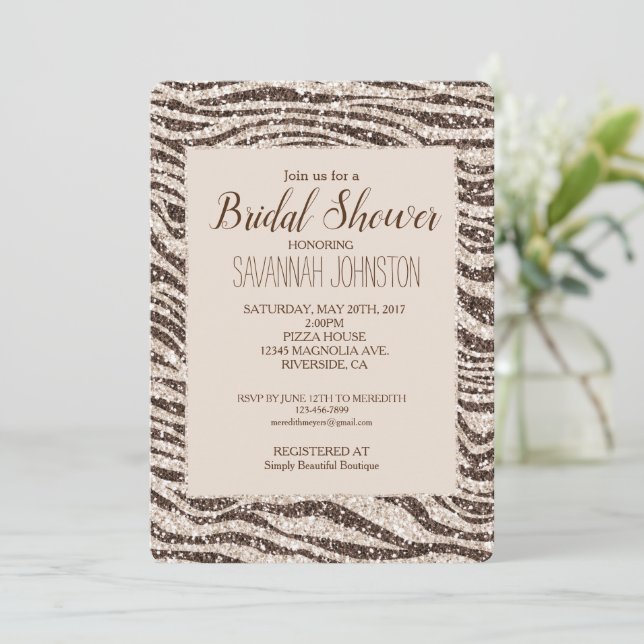 Chocolate Brown Cream Blush Zebra Glitter Invitation (Standing Front)