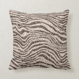 Chocolate Brown Cream Blush Zebra Glitter Throw Pillow
