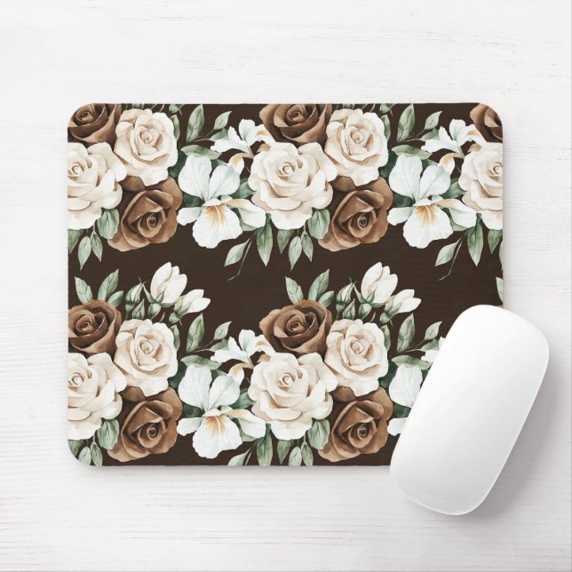 Chocolate Brown Cream Flowers Mouse Pad (With Mouse)