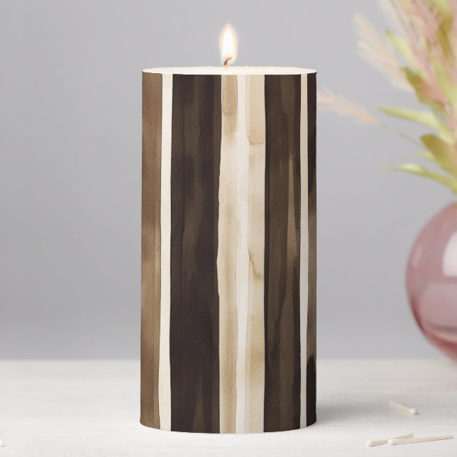 Chocolate Brown Cream Stripes Christmas Pillar Candle (In Situ)