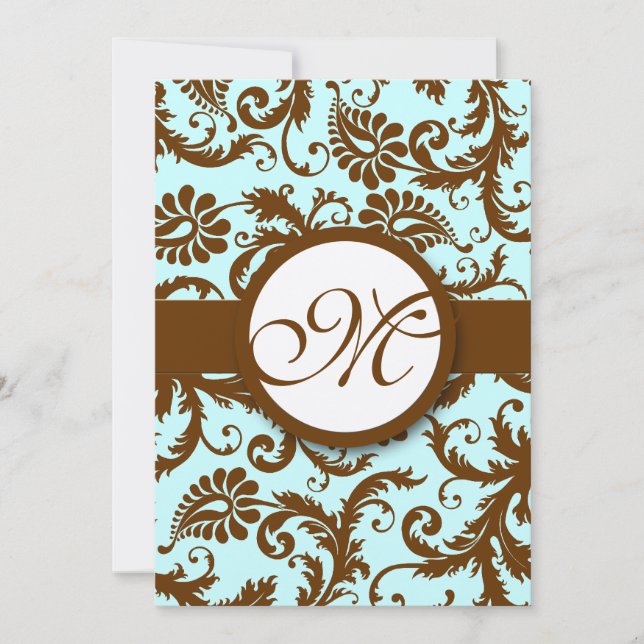 Chocolate Brown Damask Aqua Invitation (Front)