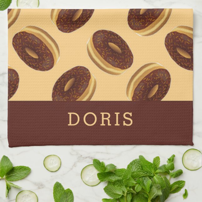Chocolate brown donuts pattern kitchen towel (Folded)