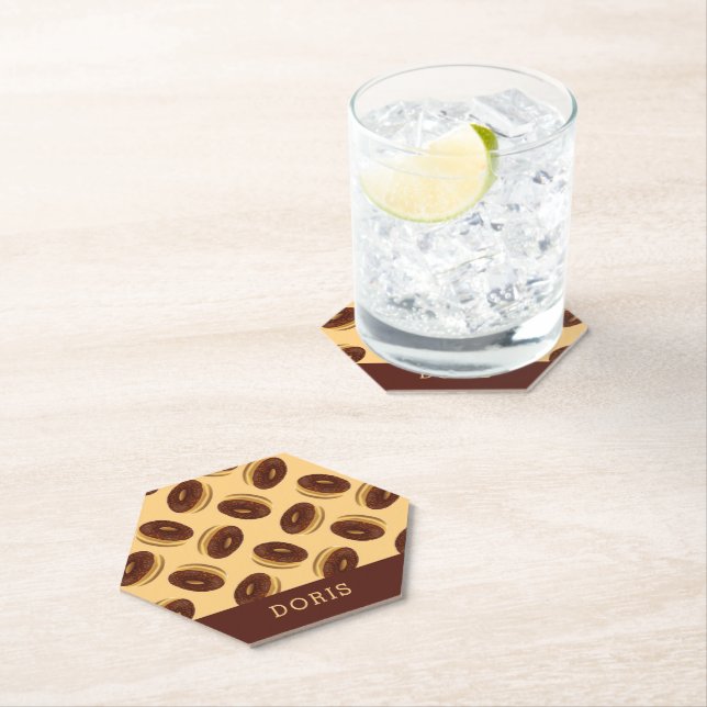 Chocolate brown donuts pattern paper coaster (Insitu)