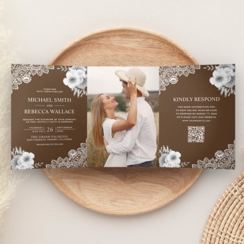 Chocolate Brown Floral Lace Photo QR Code Wedding Tri-Fold Invitation