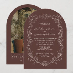 Chocolate Brown Floral Old Money Arched Wedding Invitation