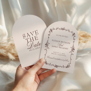 Chocolate Brown Floral Old Money Arched Wedding Save The Date