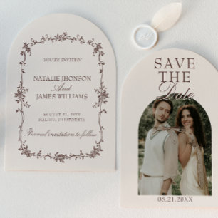 Chocolate Brown Floral Retro Arched Photo Wedding Save The Date