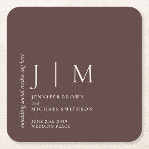 Chocolate Brown Formal Simple Elegant Wedding Square Paper Coaster
