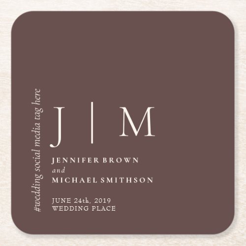 Chocolate Brown Formal Simple Elegant Wedding Square Paper Coaster