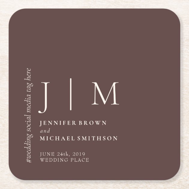 Chocolate Brown Formal Simple Elegant Wedding Square Paper Coaster