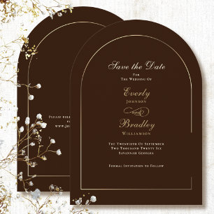 Chocolate Brown Gold Arch Save the Date Wedding Invitation
