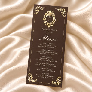 Chocolate Brown Gold Baroque Monogram Wedding Menu
