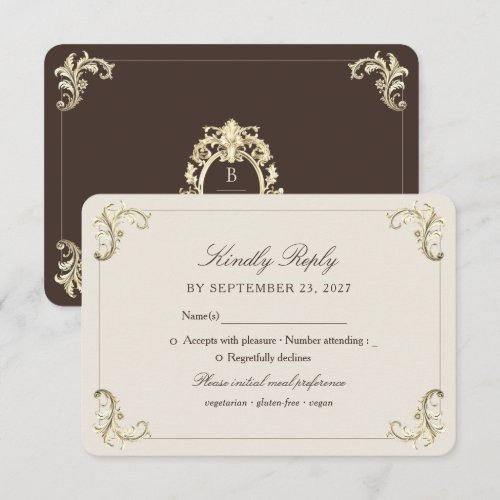 Chocolate Brown Gold Baroque Wedding RSVP Card