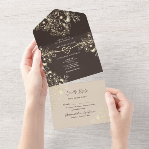 Chocolate Brown Gold Floral Monogram Wedding All In One Invitation