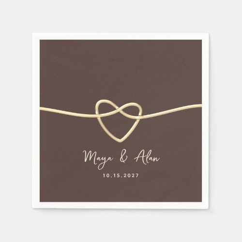 Chocolate Brown Gold Heart Personalized Wedding Napkins