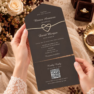 Chocolate Brown Gold Heart QR Code Wedding All In One Invitation