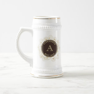 Chocolate Brown Gold Monogram Best Man Beer Stein