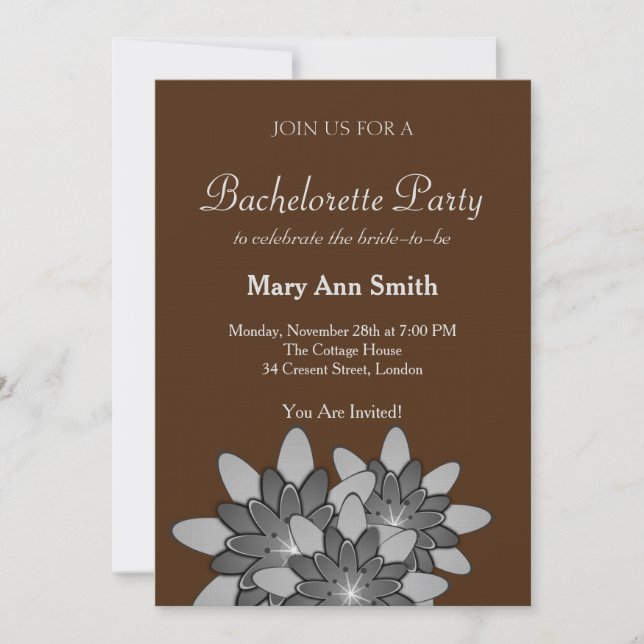Chocolate Brown Gray Floral Lotus Bachelor Party Invitation (Front)