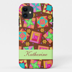 Chocolate Brown Green Patchwork Quilt Block Art iPhone 11 Case
