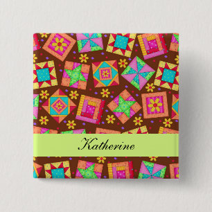 Chocolate Brown Green Patchwork Quilt Name Badge Pinback Button