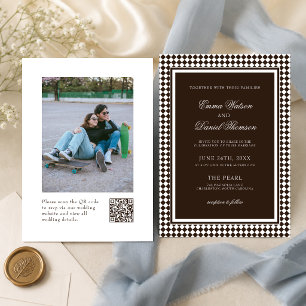 Chocolate Brown Harlequin Border Photo Wedding Invitation